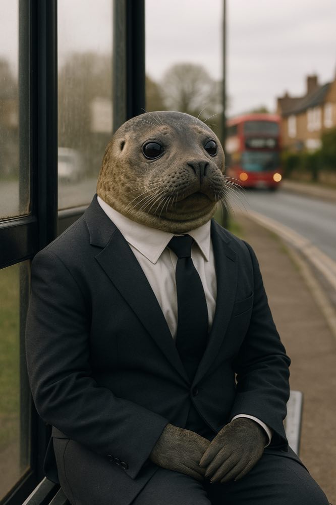 The seal in a suit waiting at a bus stop, a red double-decker passing behind.