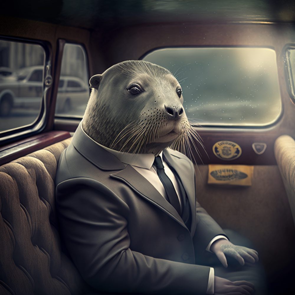 The seal in a suit in the back seat of an old car, looking out of the window at dusk.